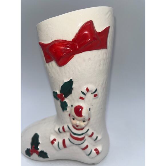 Vintage Ceramic Candy Cane Pixie Elf Christmas Boot Stocking Planter Vase Decor - Picture 3 of 16